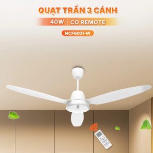 Quạt Trần Điện 3 Cánh 1.5M 40W Dùng Remote Từ Xa Nanoco NCF6031-W
